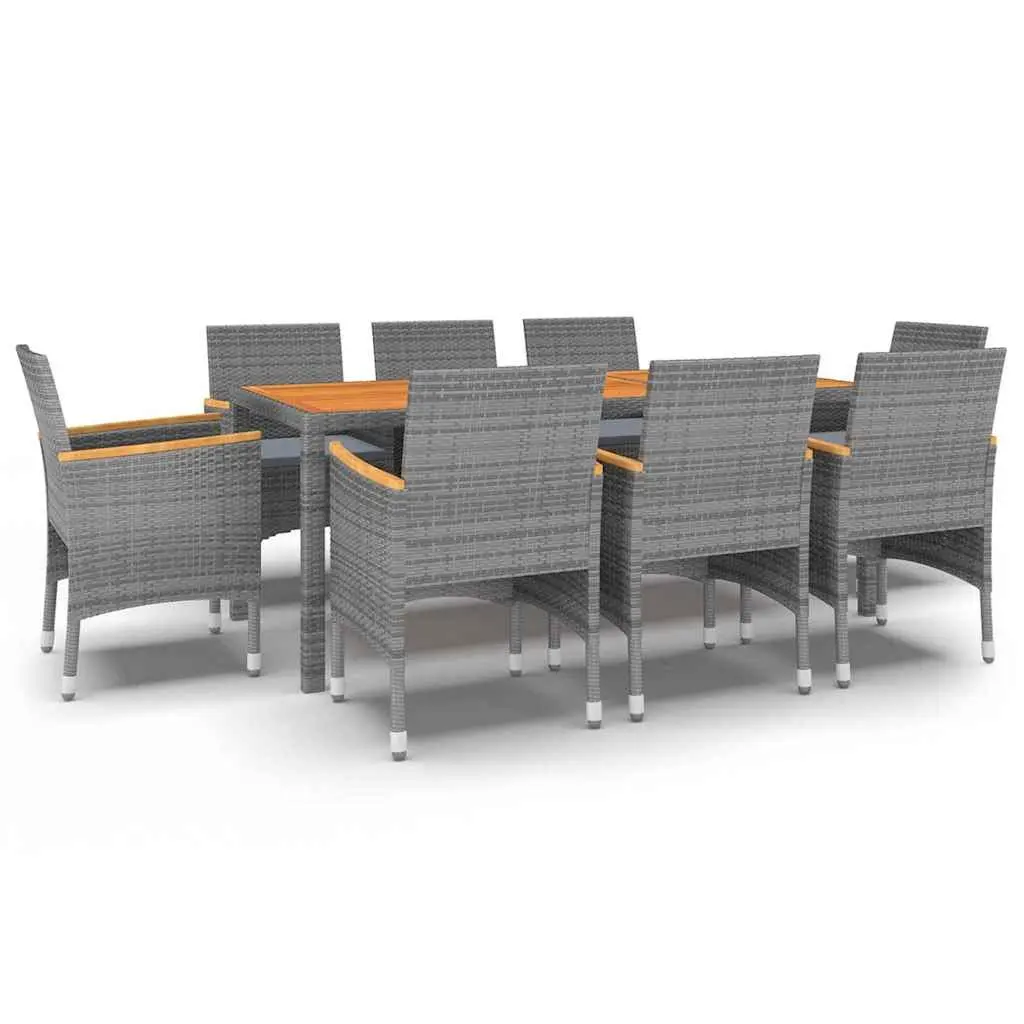 Outdoor Dining Set 9 Piece Grey Rattan Chairs with Cushions Solid Acacia Wood Table Steel Frame