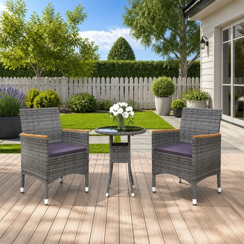 Garden Dining Set Grey Rattan 3 Piece Outdoor Patio Furniture Table Chairs