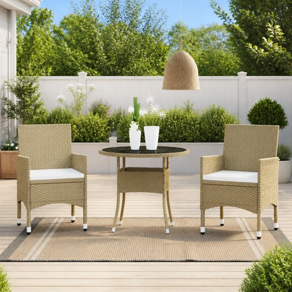 Outdoor Dining Set 3 Piece Poly Rattan Patio Furniture Beige Powder Coated Steel Frame Tempred Glass Table Thick Cushions