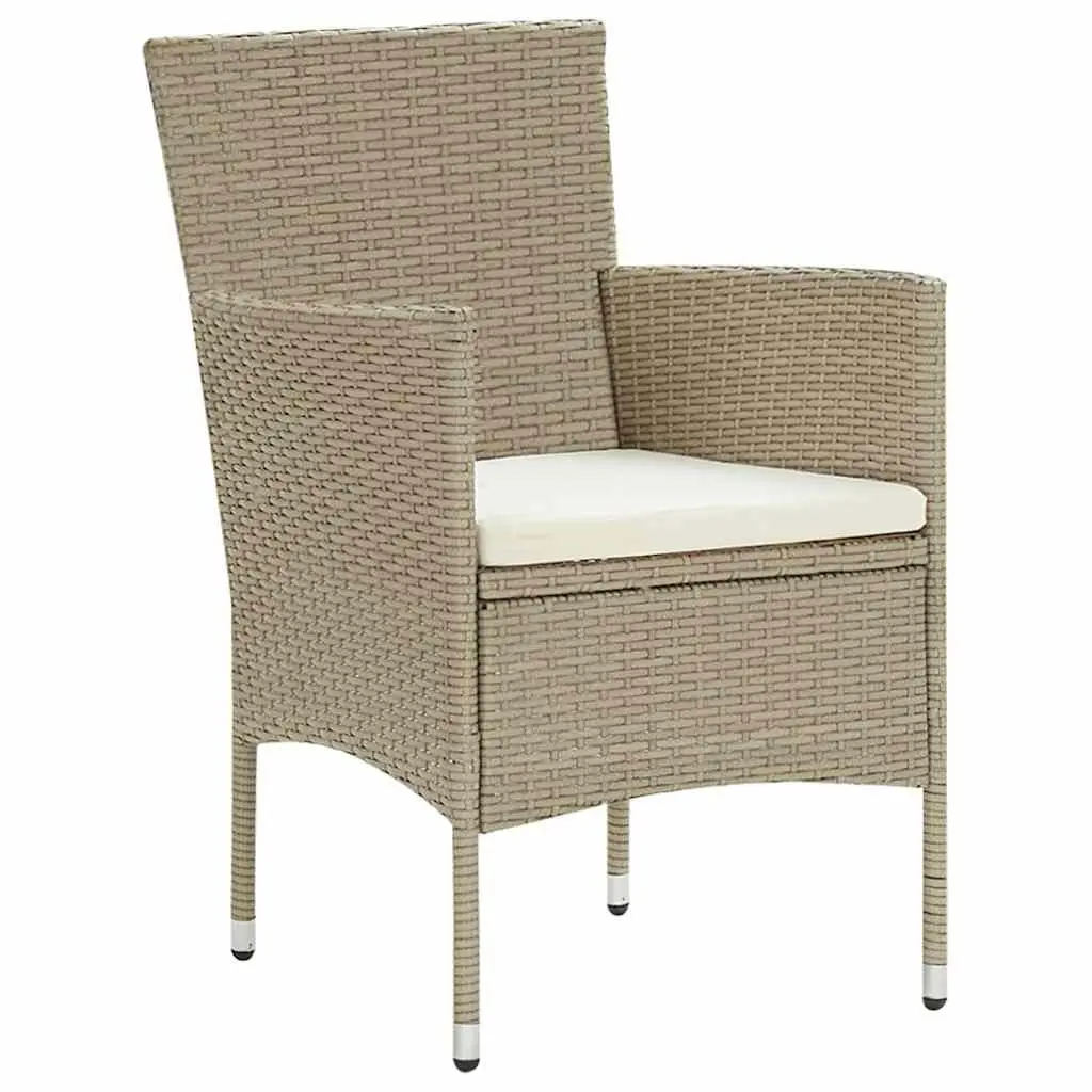 Outdoor Dining Set 3 Piece Poly Rattan Patio Furniture Beige Powder Coated Steel Frame Tempred Glass Table Thick Cushions