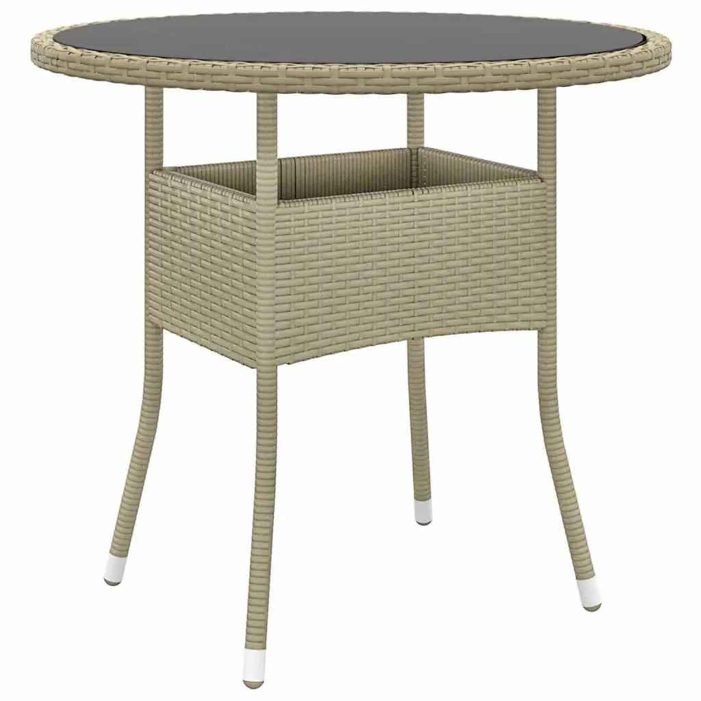 Outdoor Dining Set 3 Piece Poly Rattan Patio Furniture Beige Powder Coated Steel Frame Tempred Glass Table Thick Cushions