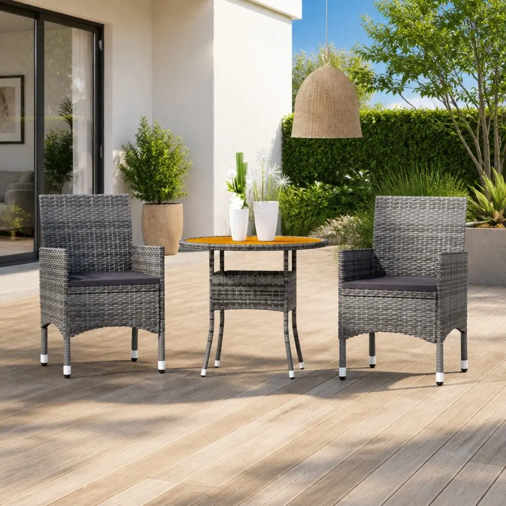 Outdoor Furniture Set 3 Piece Poly Rattan Steel Frame Acacia Wood Grey