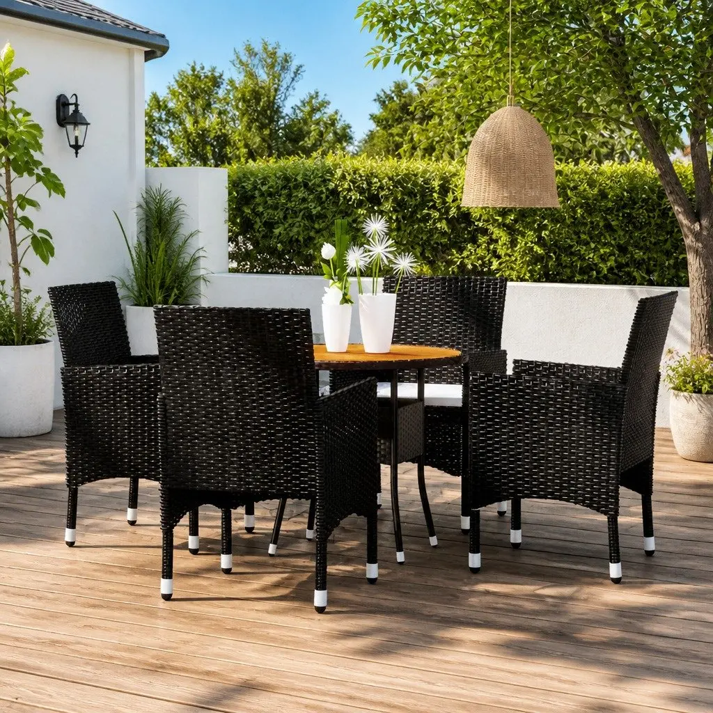 Garden Dining Set 5 Piece Black Poly Rattan Outdoor Patio Furniture with Solid Acacia Wood Table and Thickly Padded Cushions