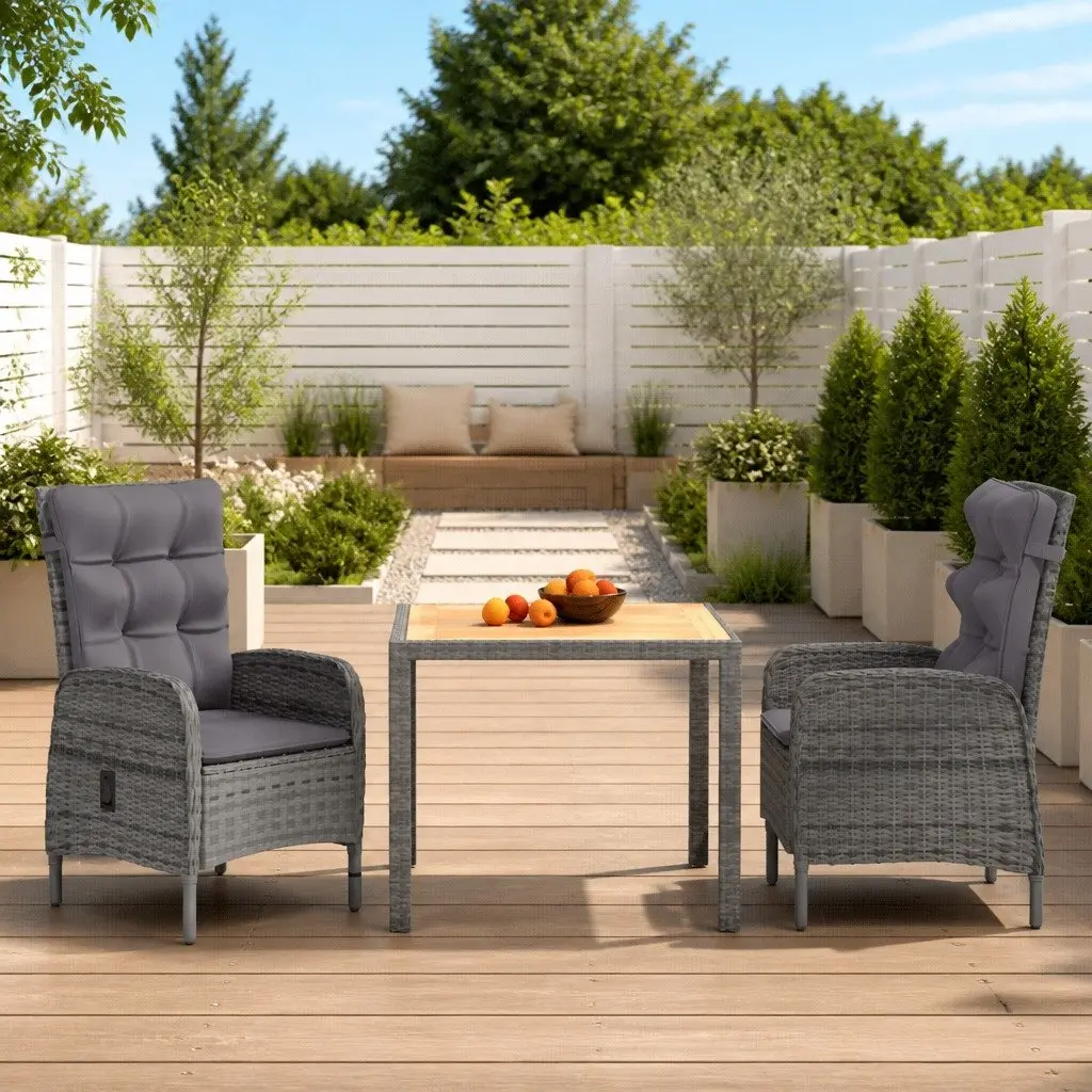 3 Piece Outdoor Garden Dining Set Weather Resistant PE Rattan Grey Patio Furniture