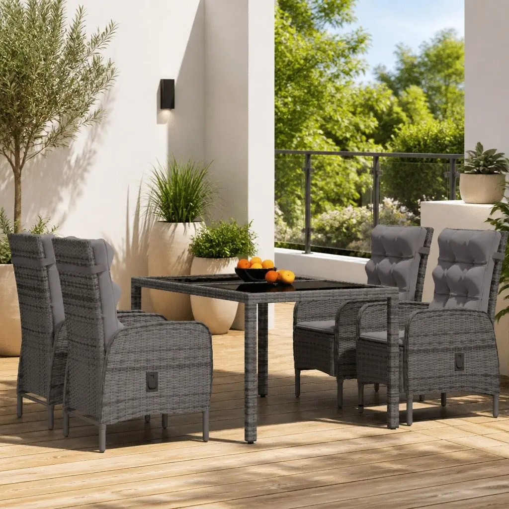 Outdoor Rattan Dining Set 5 Piece with Cushioned Chairs and Glass Table in Grey