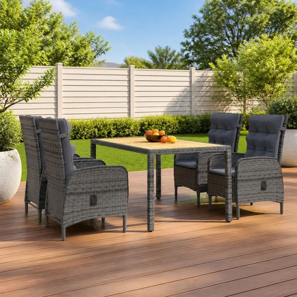 5 Piece Outdoor Patio Dining Set Grey PE Rattan Steel Frame Acacia Wood Table