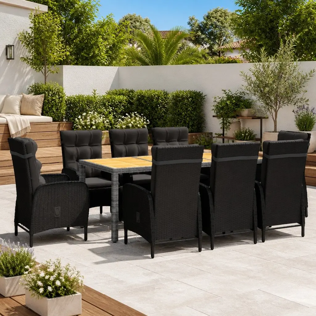 9 Piece Garden Dining Set Outdoor Patio Furniture Rattan Chairs Table Black
