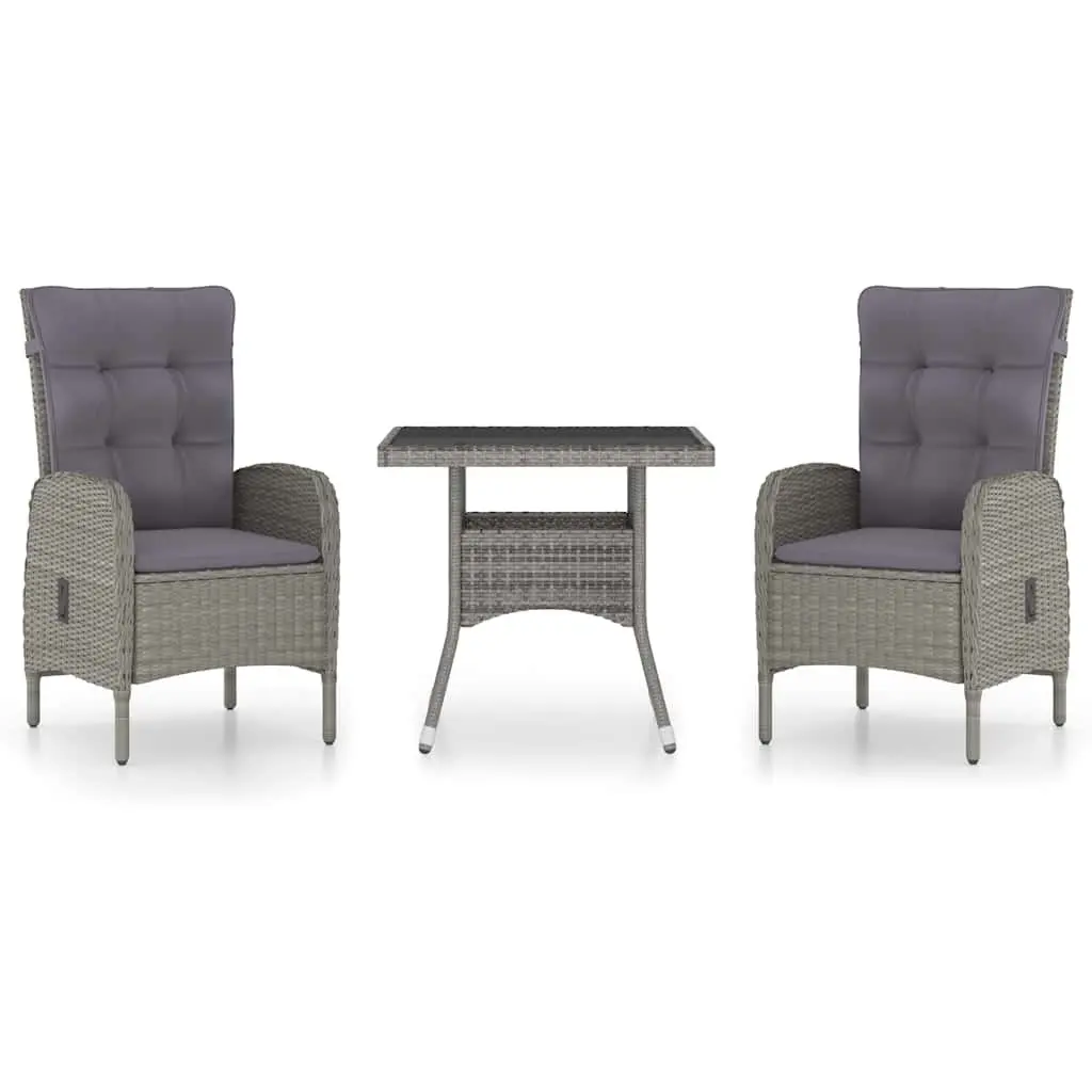 Garden Dining Set Grey Poly Rattan 3 Piece Outdoor Patio Furniture with Glass Table