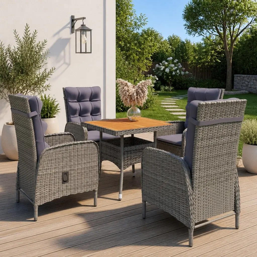 Outdoor Dining Set 5 Piece Grey Weather Resistant Furniture PE Rattan Acacia Wood