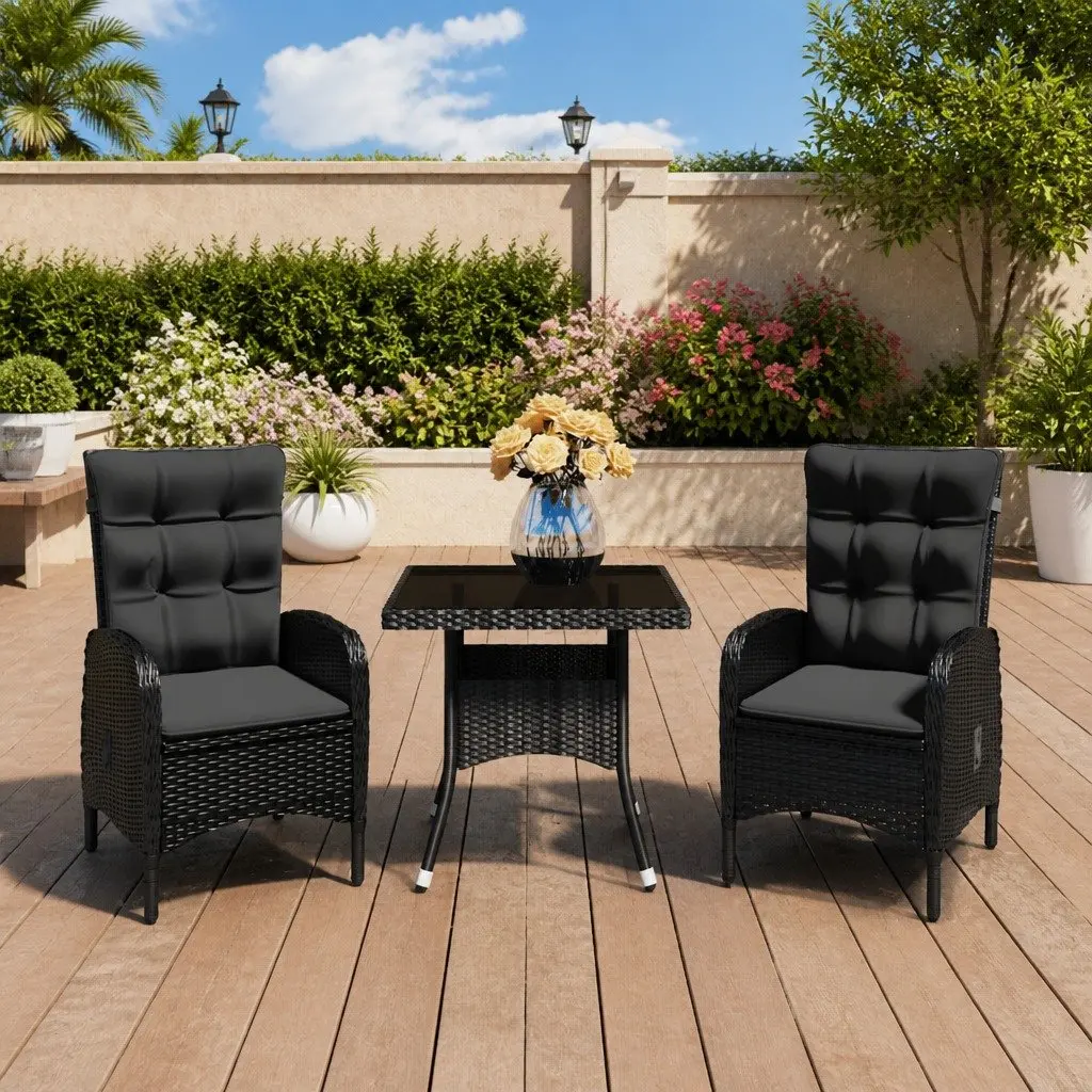 Outdoor Dining Set Black 3 Piece Garden Furniture Poly Rattan Glass Table Chairs