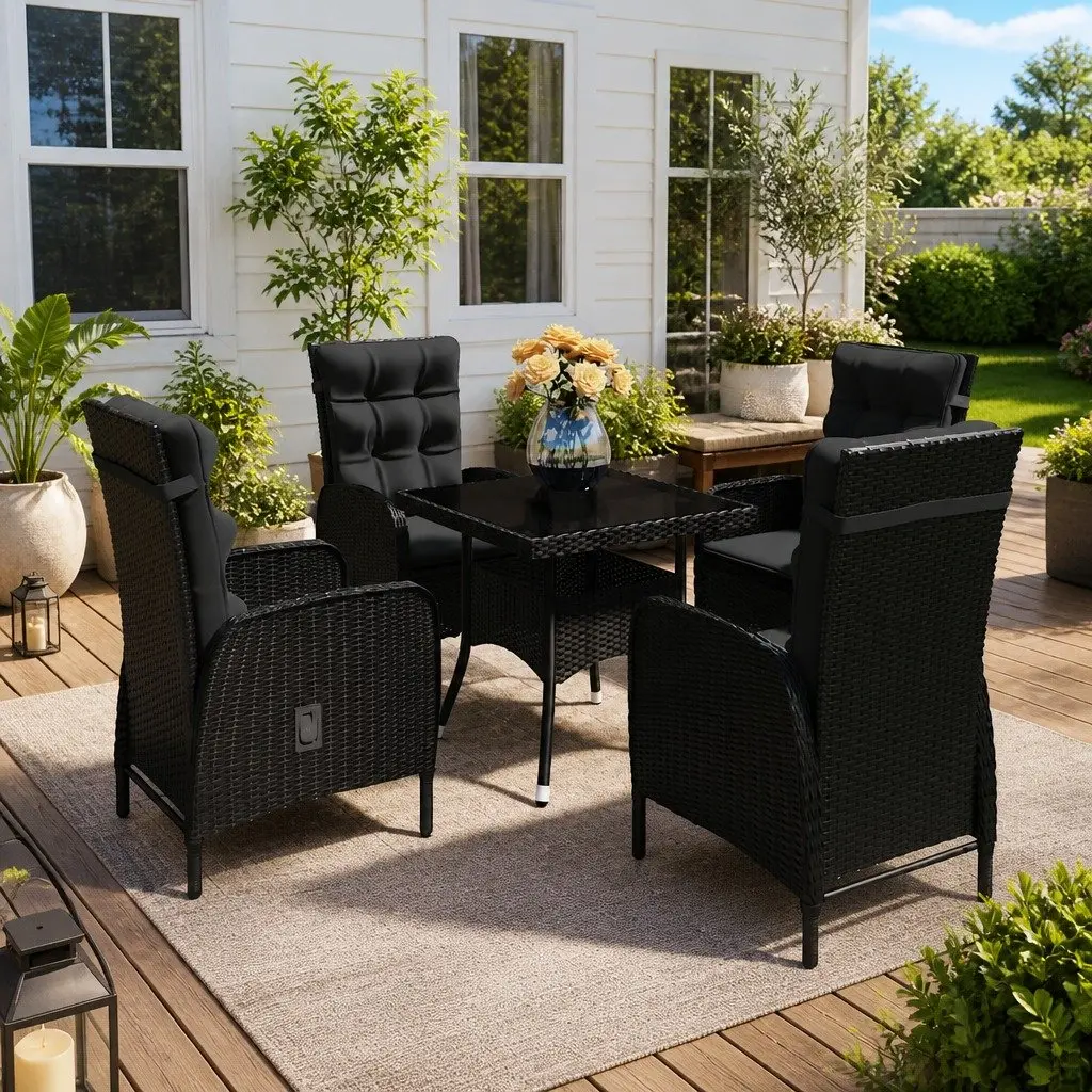 Outdoor Dining Set Black Rattan with Glass Table 5 Piece