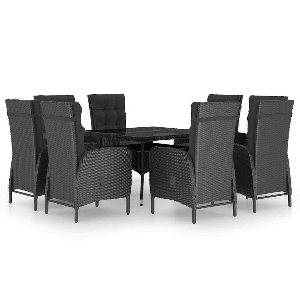 9 Piece Outdoor Dining Set Rattan Chairs Glass Top Black