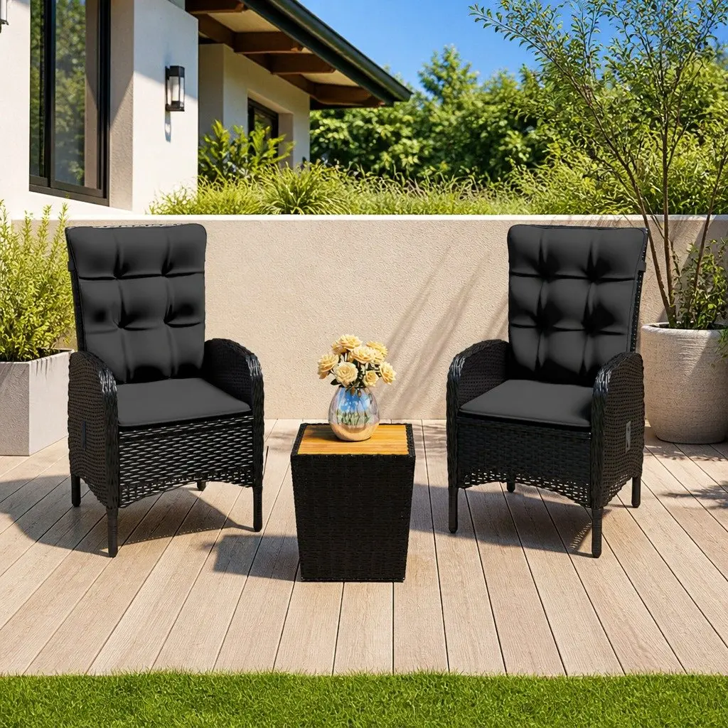 3 Piece Bistro Set Outdoor Furniture Black Poly Rattan Acacia Wood with Cushions