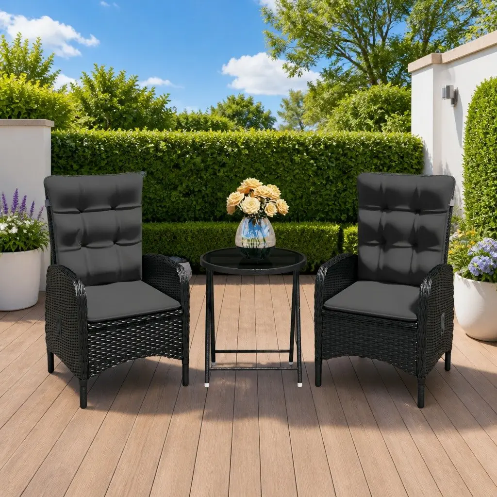 Outdoor Bistro Set Black 3 Piece Garden Furniture Patio Dining Table Chairs