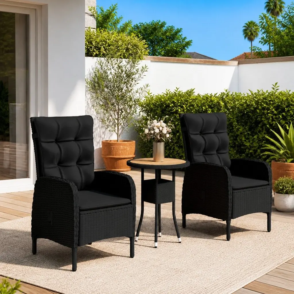 3 Piece Garden Bistro Set Poly Rattan Chairs Table Black