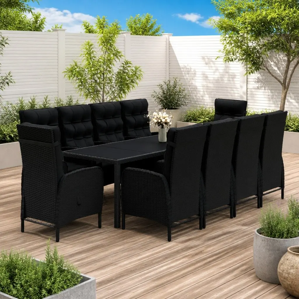 Garden Dining Set 11 Piece Weather Resistant Black Poly Rattan Steel Frame