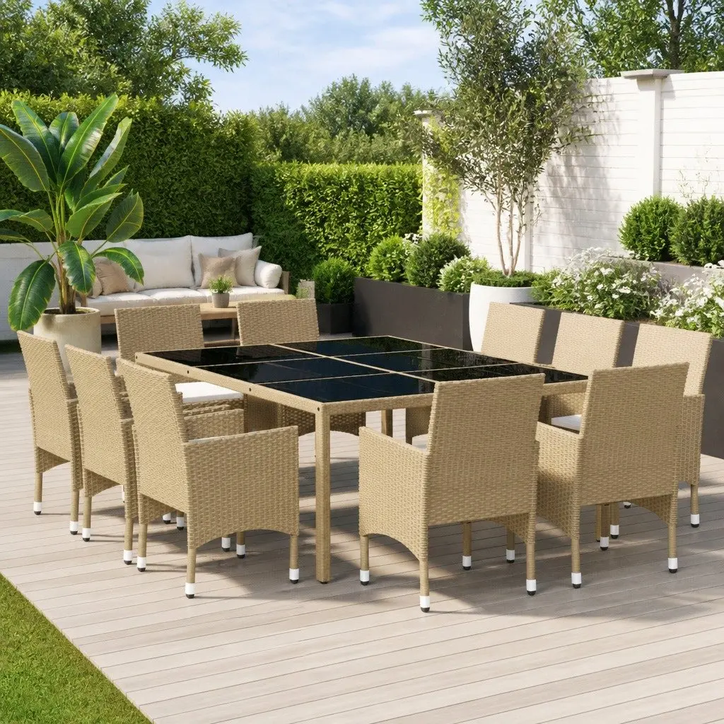 Outdoor Furniture Dining Set 11 Piece Beige Patio Table and Chairs with Cushions