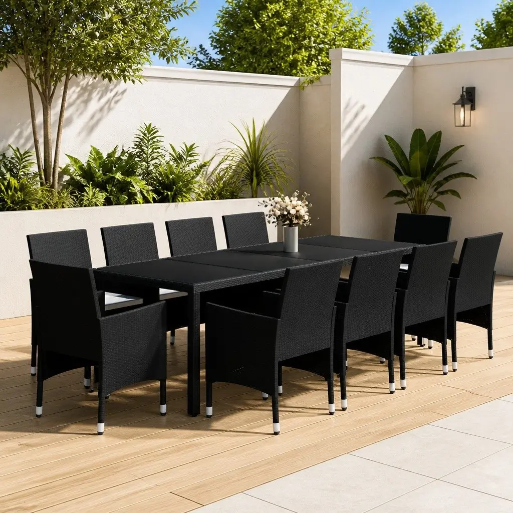 11 Piece Outdoor Patio Dining Set Black Steel PE Rattan Furniture with Cushions