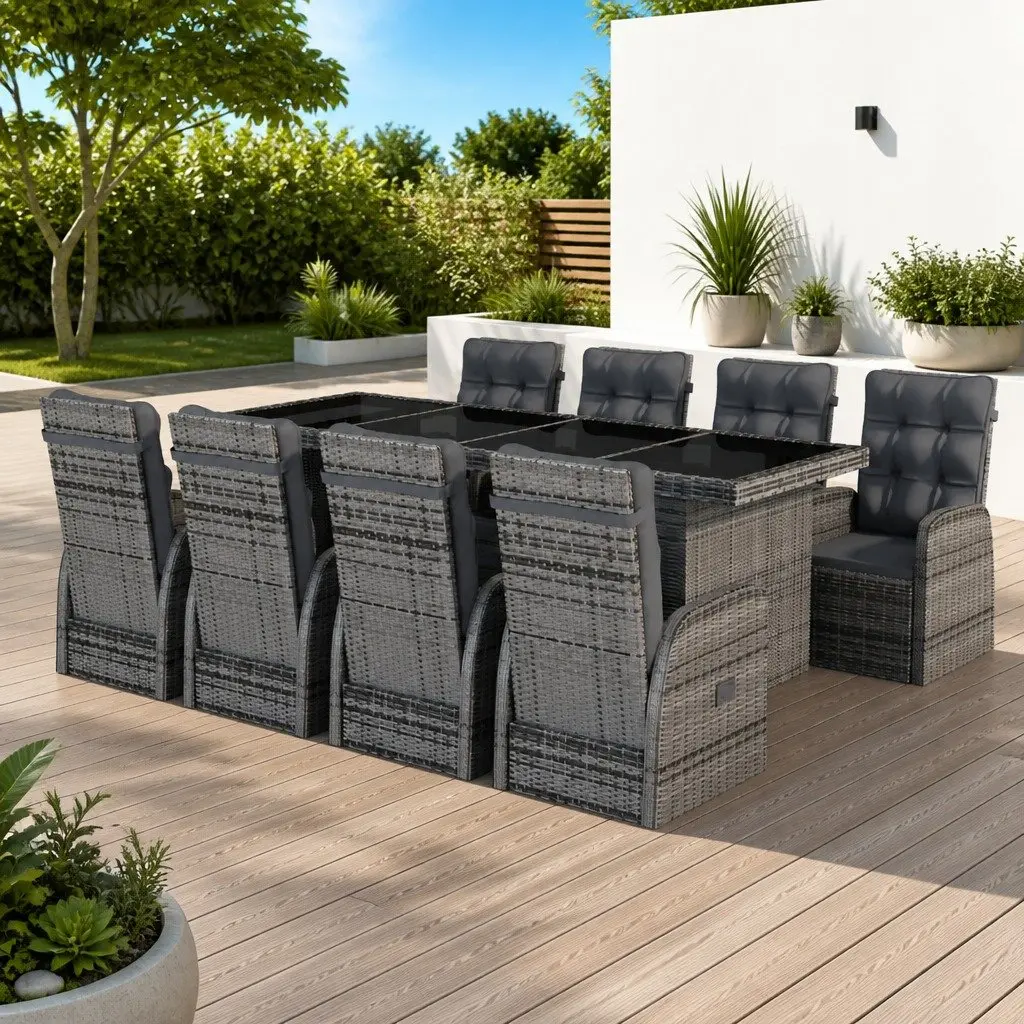 Outdoor Dining Set Grey Poly Rattan 9 Piece Garden Furniture with Cushions
