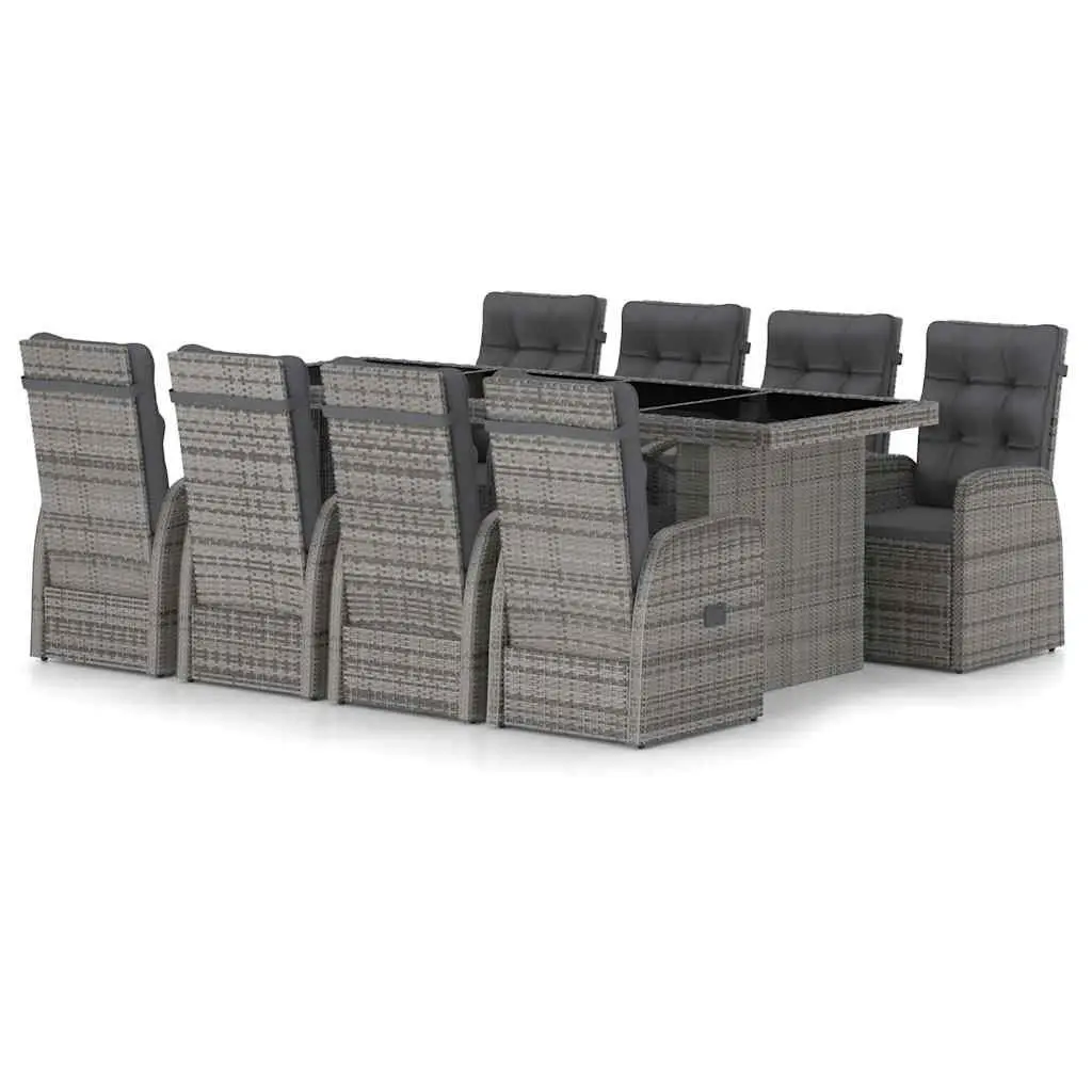 Outdoor Dining Set Grey Poly Rattan 9 Piece Garden Furniture with Cushions