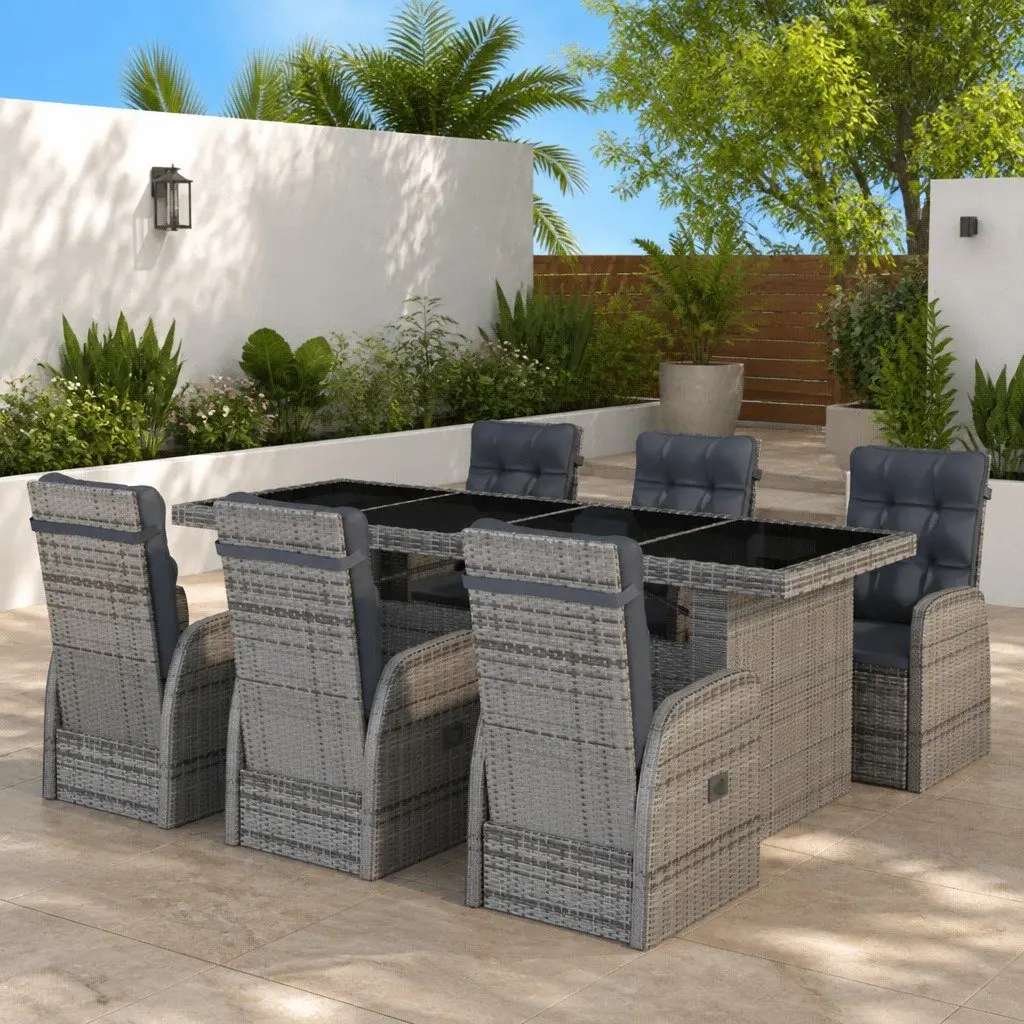 7 Piece Outdoor Dining Set Grey Rattan Garden Furniture with Adjustable Reclining Chairs and Cushions