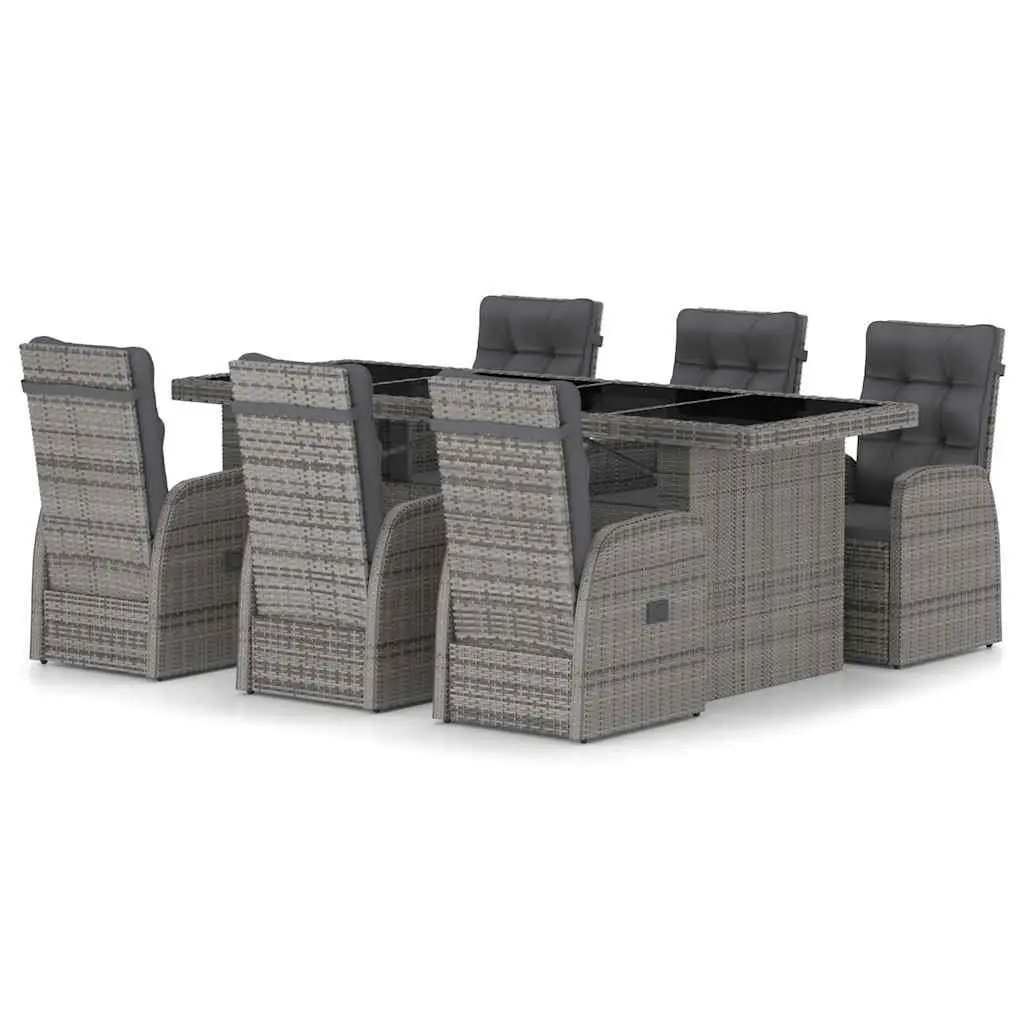 7 Piece Outdoor Dining Set Grey Rattan Garden Furniture with Adjustable Reclining Chairs and Cushions