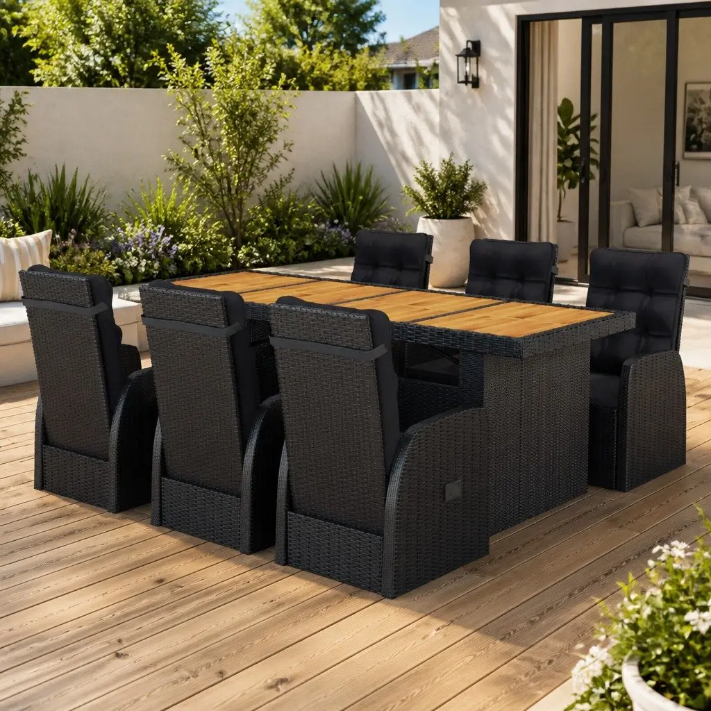Outdoor Dining Set 7 Piece Poly Rattan Garden Furniture Black