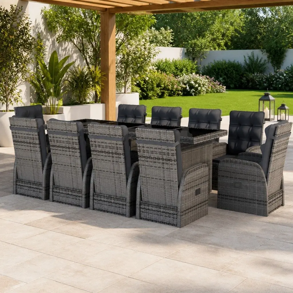 Outdoor Dining Set Grey Poly Rattan 11 Piece Garden Furniture with Cushions