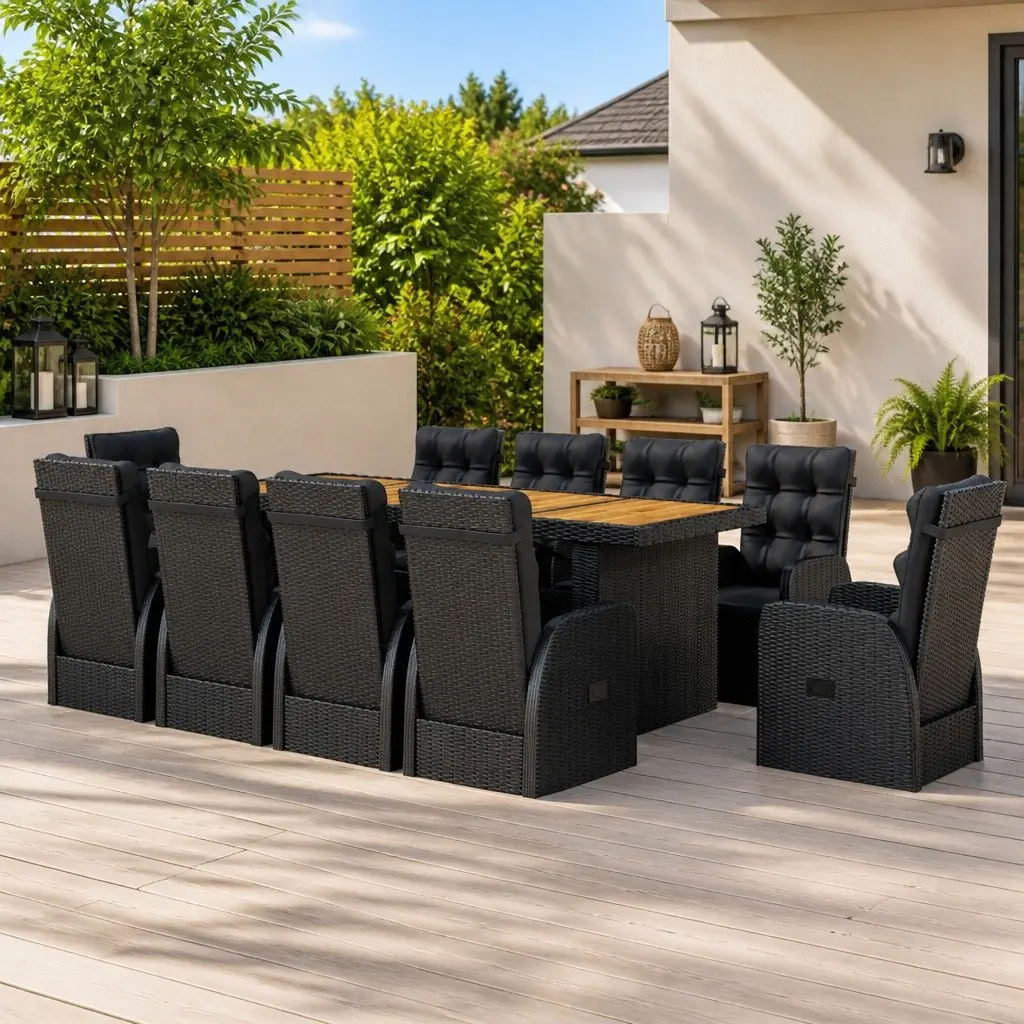 11 Piece Dining Set for Outdoor Use Featuring Acacia Wood Table and Adjustable Backrest Chairs with PE Rattan in Black Color