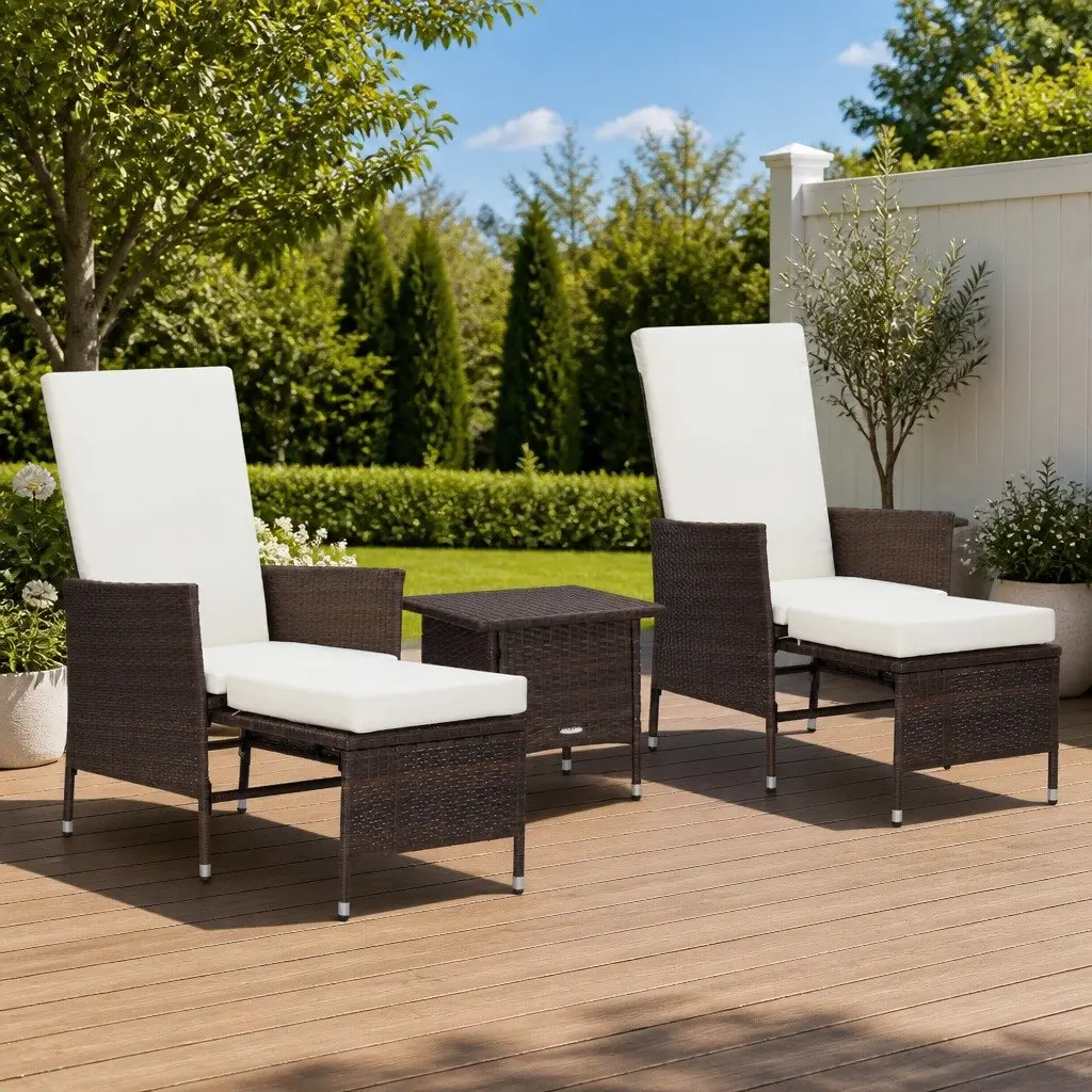 3 Piece Garden Lounge Set PE Rattan Brown Cushions