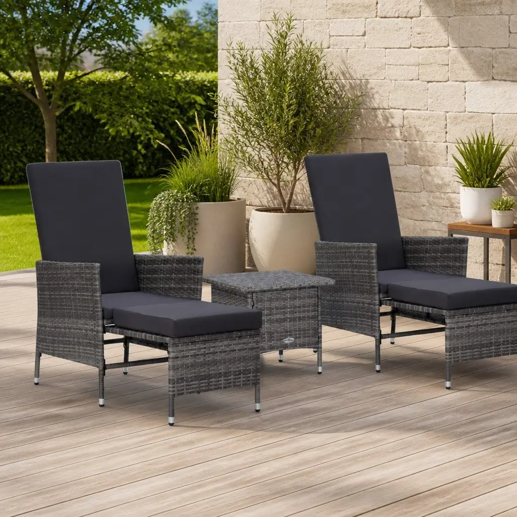 Garden Lounge Set Grey Rattan 3 Piece Outdoor Furniture with Cushions and Foldable Backrest
