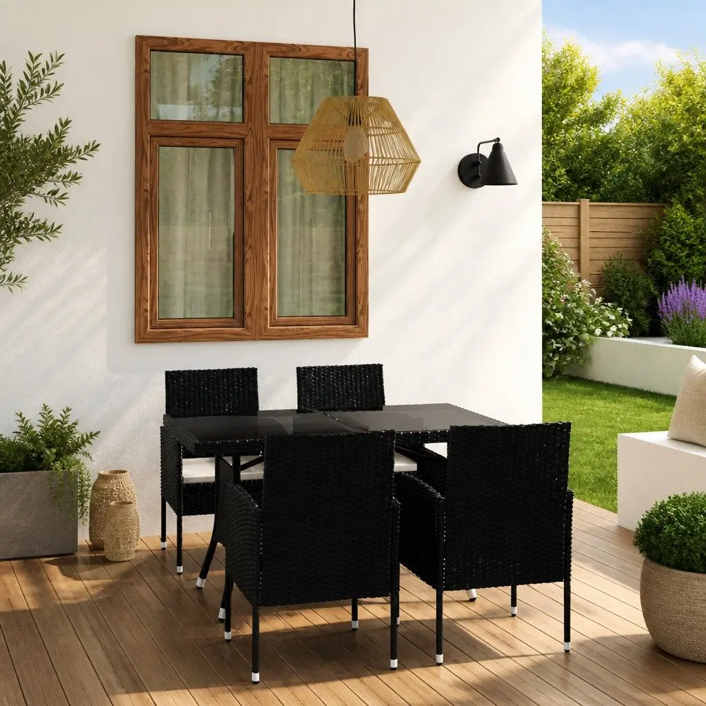 Outdoor Dining Set Black Poly Rattan 5 Piece Garden Furniture Table Chairs