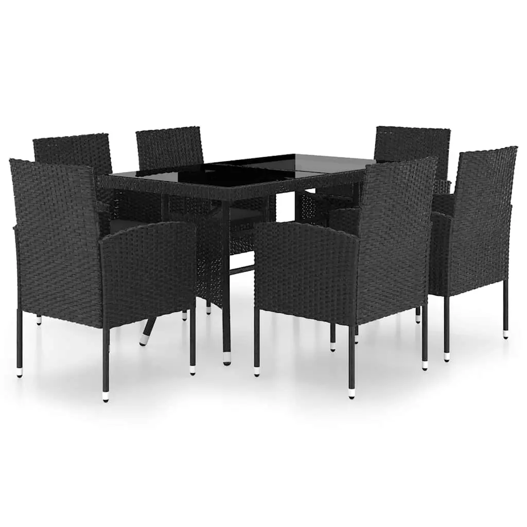 7 Piece Outdoor Garden Dining Set Black PE Rattan Table with Glass Top and Removable Cushions