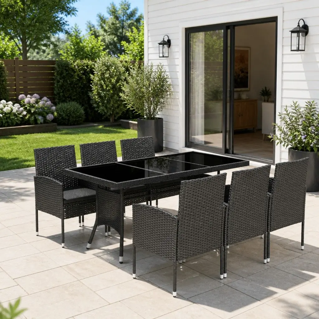 7 Piece Garden Dining Set PE Rattan Black Outdoor Table Chairs