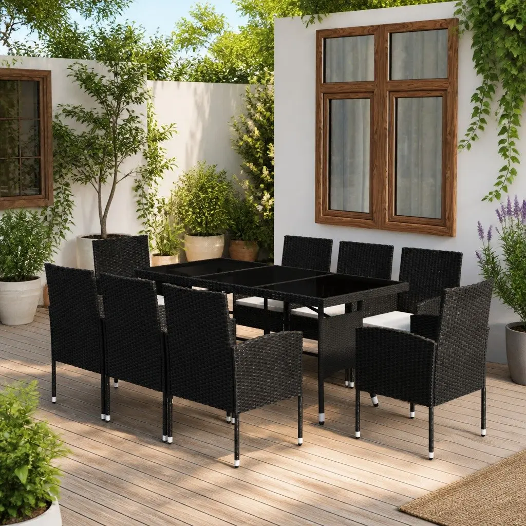 9 Piece Outdoor Garden Dining Set Black Poly Rattan Table Chairs Patio Furniture