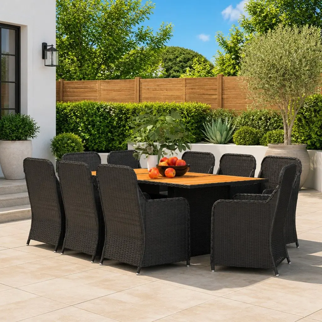 Outdoor Dining Set Black Poly Rattan with Solid Acacia Wood Table and Cushioned Chairs 9 Piece