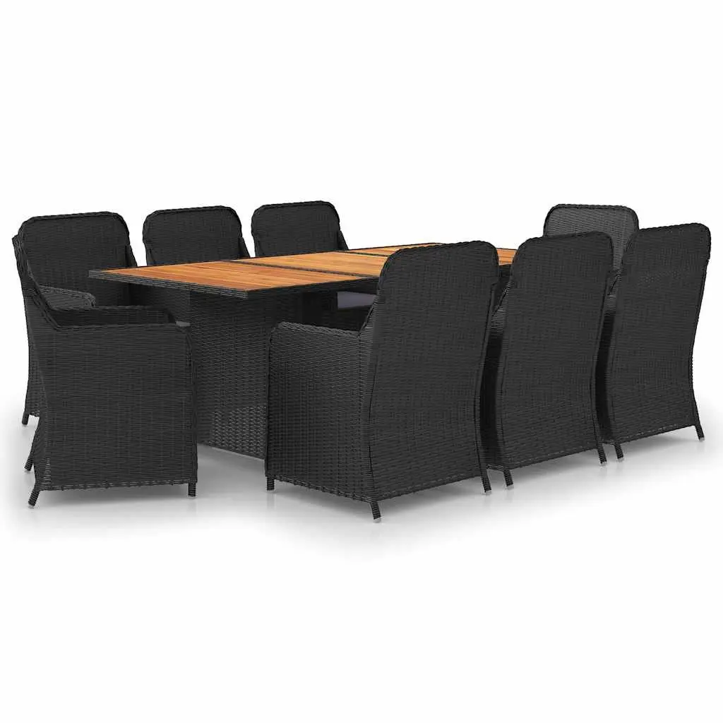 Outdoor Dining Set Black Poly Rattan with Solid Acacia Wood Table and Cushioned Chairs 9 Piece