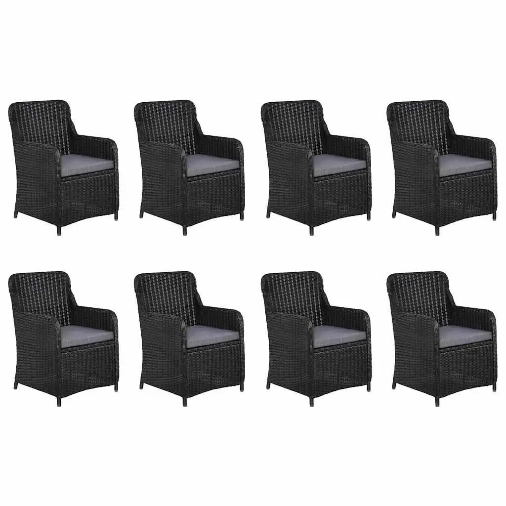 Outdoor Dining Set Black Poly Rattan with Solid Acacia Wood Table and Cushioned Chairs 9 Piece