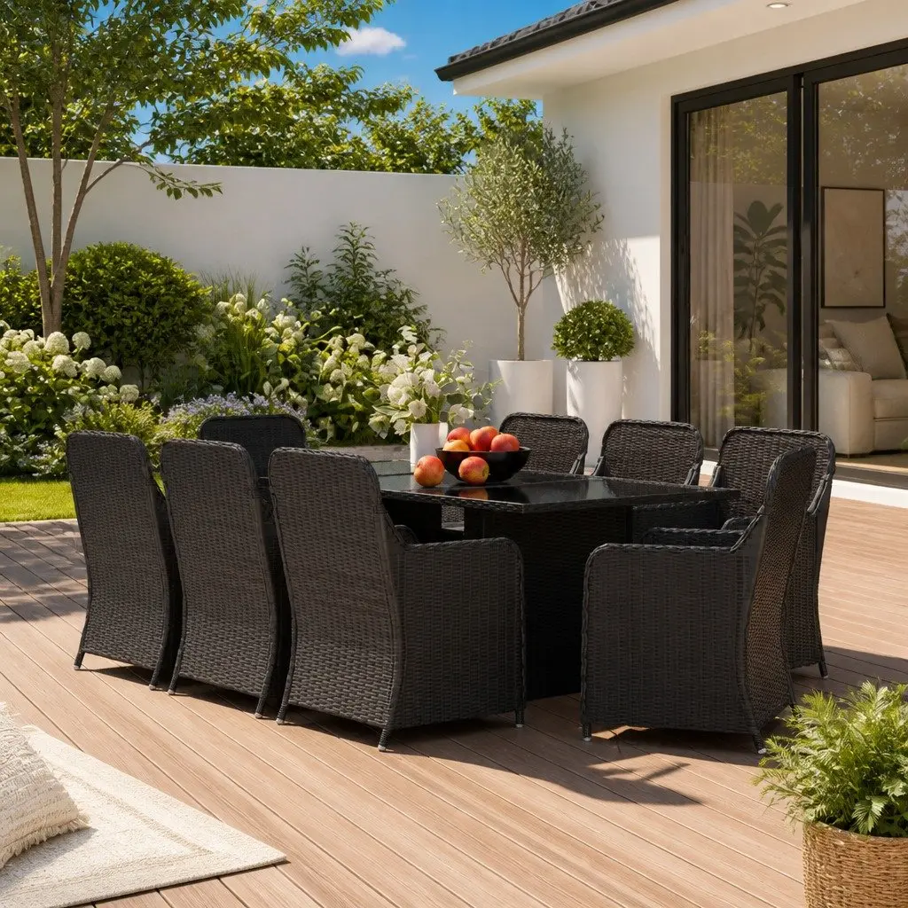 9 Piece Garden Dining Set Black Poly Rattan Outdoor Furniture with Glass Table and Cushions