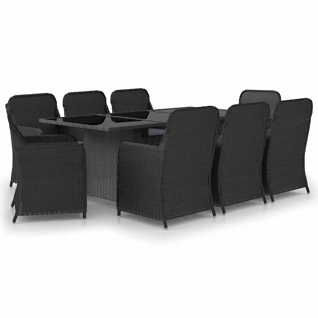 9 Piece Garden Dining Set Black Poly Rattan Outdoor Furniture with Glass Table and Cushions