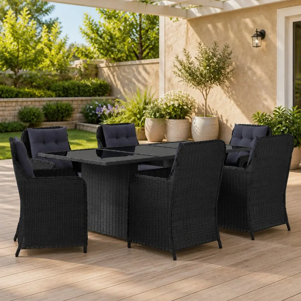 Outdoor Dining Set Black Rattan 7 Piece Patio Furniture with Glass Table and Cushions