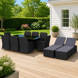 Garden Dining Set 11 Piece Outdoor Furniture Patio Rattan Black Sunloungers