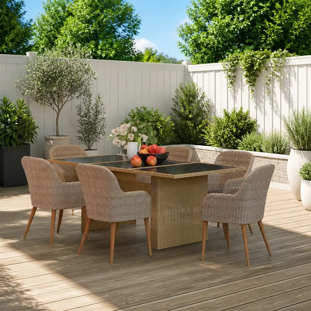 Garden Dining Set 7 Piece Patio Furniture Brown Poly Rattan Cushion Table Chairs