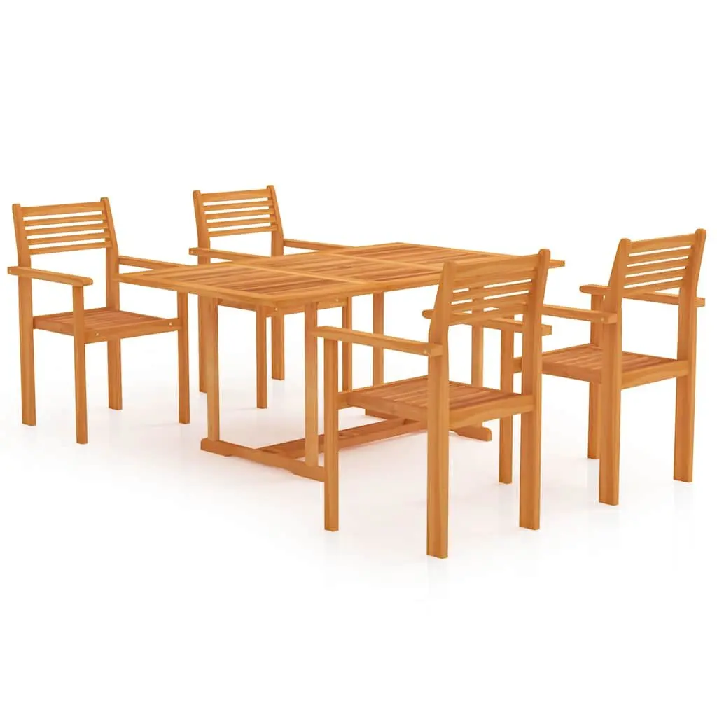 Outdoor Patio Furniture Set Teak Wood Dining Table with Umbrella Hole and Stackable Chairs 5 Piece Brown