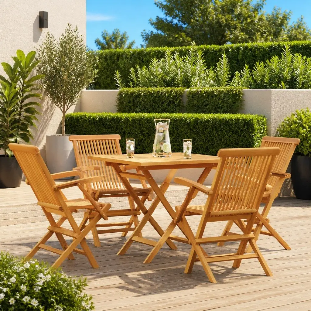 5 Piece Garden Dining Set Outdoor Furniture Foldable Table Chairs Brown