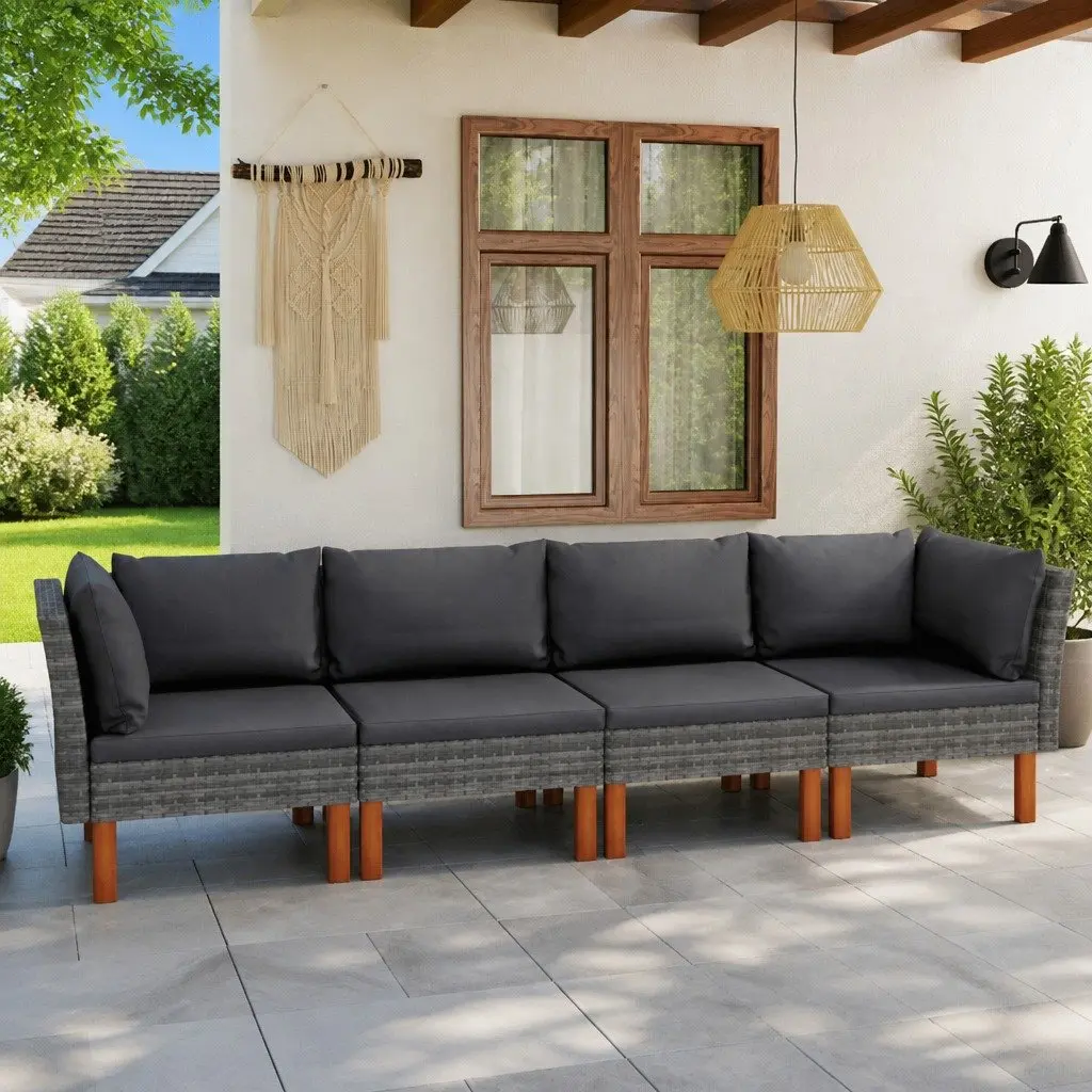 Garden Sofa 4-Seater Outdoor Lounge with Cushions Poly Rattan Grey Eucalyptus Wood Frame