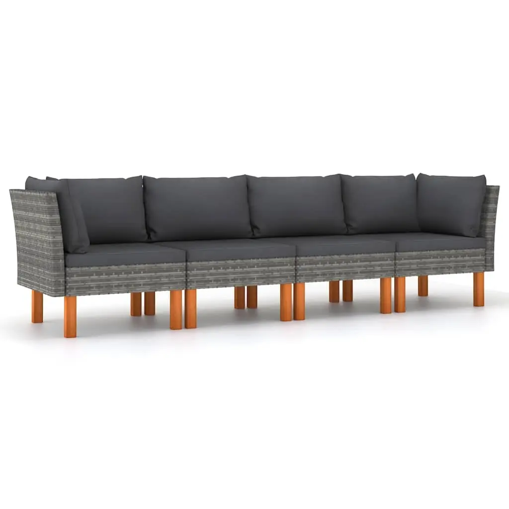 Garden Sofa 4-Seater Outdoor Lounge with Cushions Poly Rattan Grey Eucalyptus Wood Frame