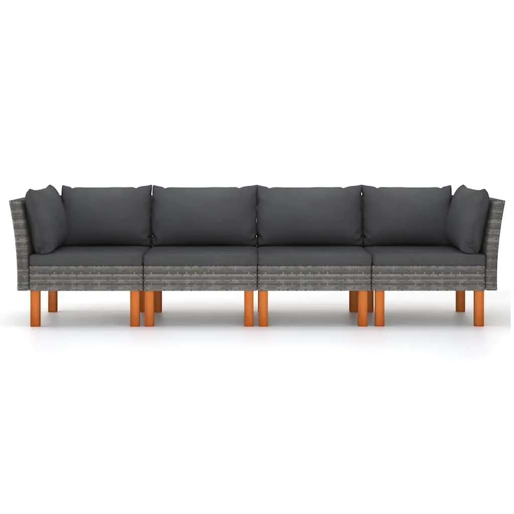Garden Sofa 4-Seater Outdoor Lounge with Cushions Poly Rattan Grey Eucalyptus Wood Frame