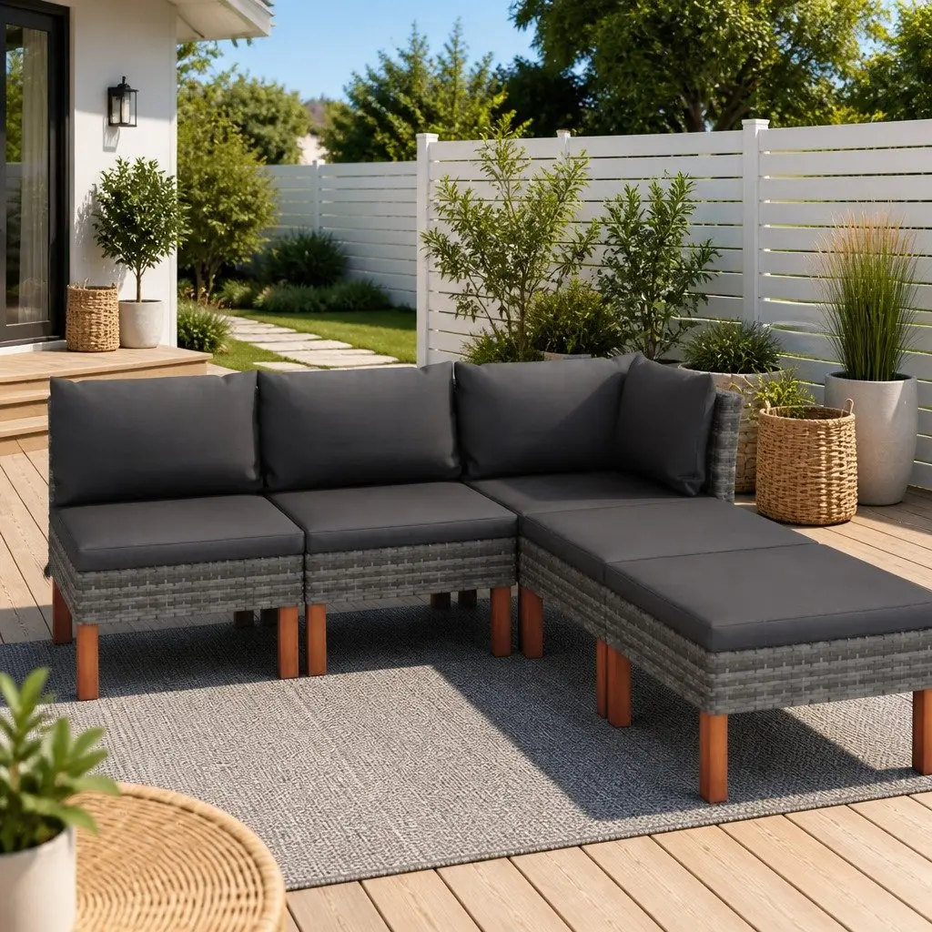 Outdoor Furniture Set 5 Piece Grey Poly Rattan Sofa with Thick Cushions