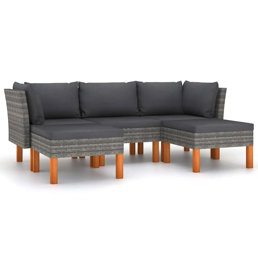 5 Piece Outdoor Lounge Set with Cushions Grey Poly Rattan Steel Frame and Eucalyptus Wood Legs